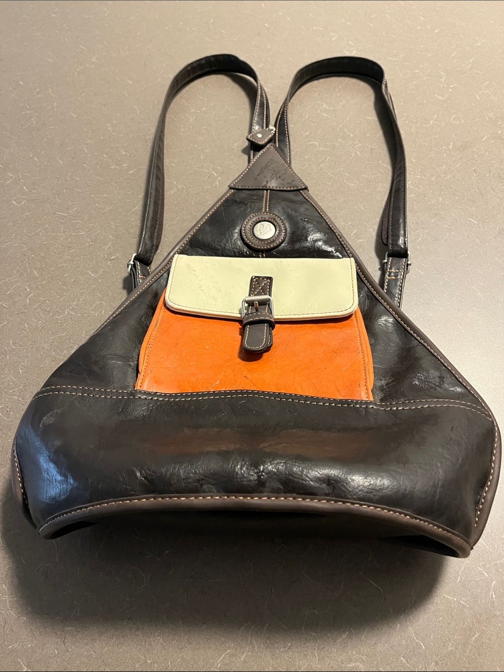 Mouflon Leather Triangular Backpack with Orange&Cream Front Pocket-As is